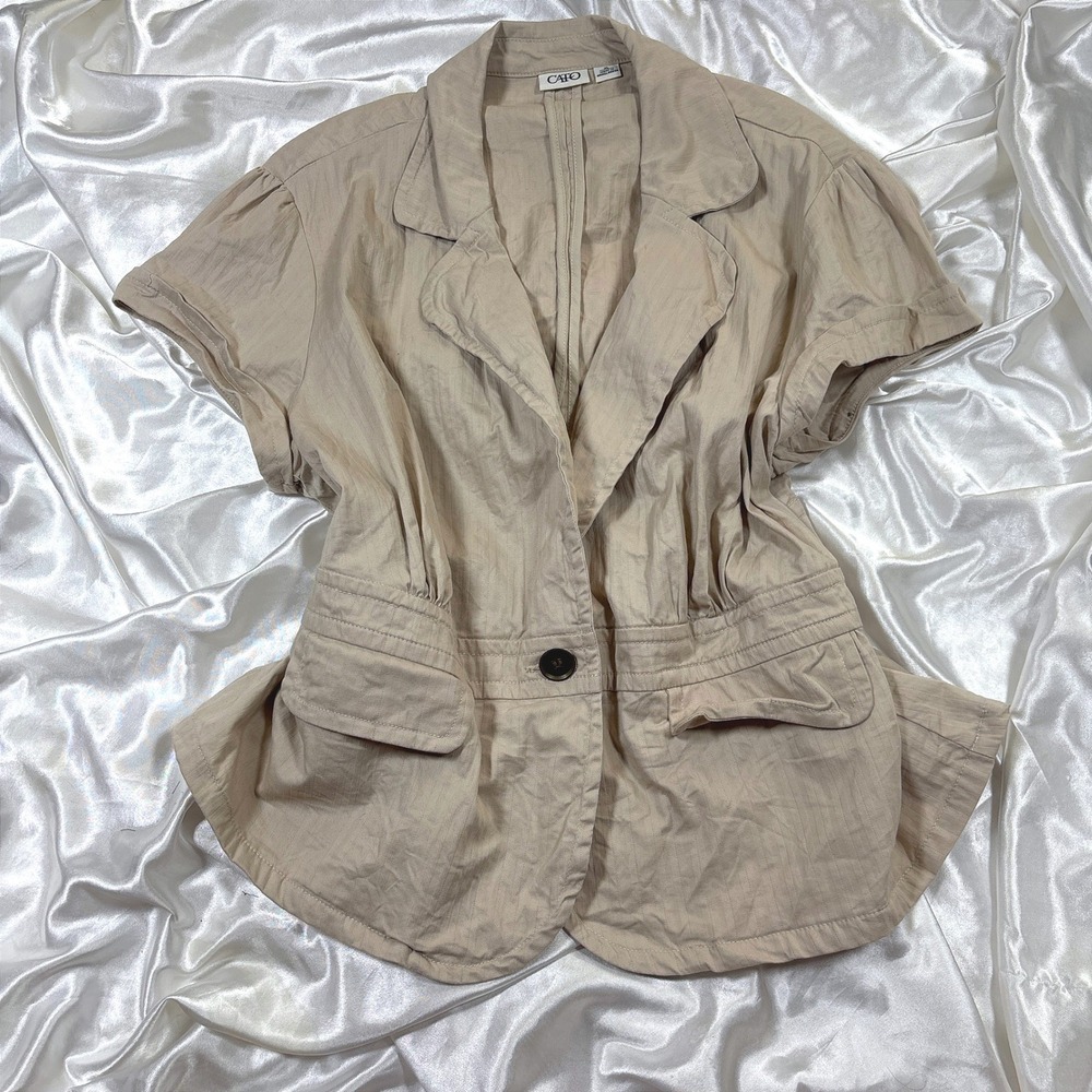 y2k Cato Blazer Tan Excellent Short Sleeve Herringbone Cinched Waist Jacket XL